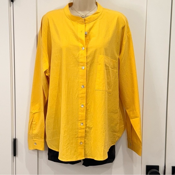 NWT Donni Mandarin Collar Tunic Blouse Medium Yellow Boho Cotton Minimal Coastal - Picture 3 of 8